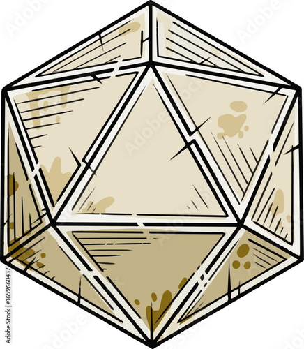 D20 dice sketch for DND roleplay. Black and white icosahedron for gaming fun. Wargame sticker symbol
