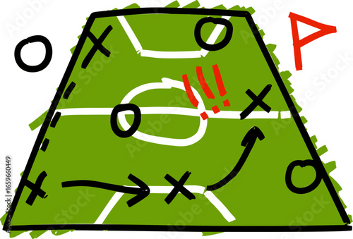 Football or soccer strategy chalkboard sketch with hand-drawn arrows and player formations. Tactical diagram for coaching, featuring textured chalkboard background