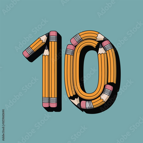 Number 10 composed of sharpened pencils on a blue background stationery writing