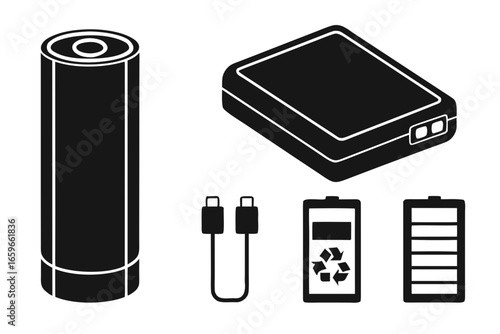 Collection of battery icons and power bank with charging cable
