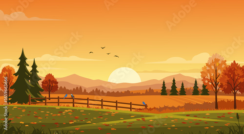 A beautifully rendered autumn landscape illustration showcasing vibrant fall foliage, golden fields, and majestic mountains under a warm setting sun, perfect for seasonal designs and backgrounds.