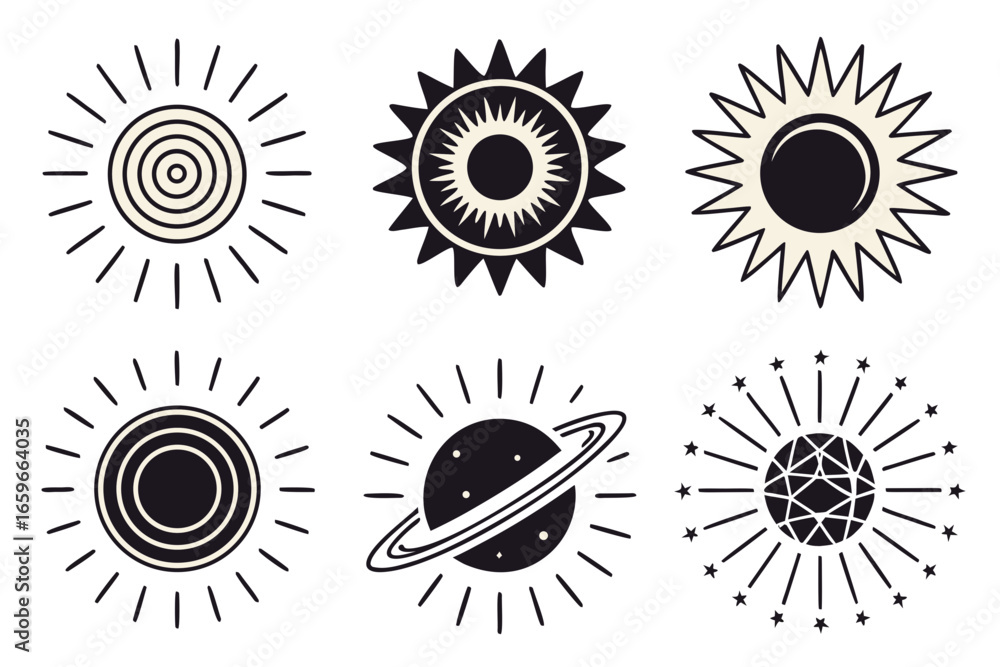 Fototapeta premium Collection of six stylized celestial sun and planet icons in black and white