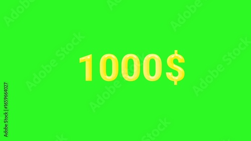 Animation of golden dollar numbers counting up from 0 to 1000 on green background. Perfect for finance, money growth, income, savings, and investment concepts.