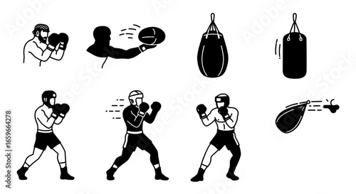 Set of black and white illustrations depicting boxing training, including boxers, gloves, and punching bags.