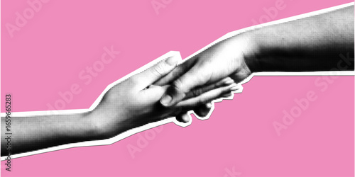 Halftone collage with handshake elements. Gesture signs. Modern art collage with hand. Trendy vector pieces. Grungy punk aesthetic perfect for zines, posters, DIY flyers, tattoo, graphics, album art