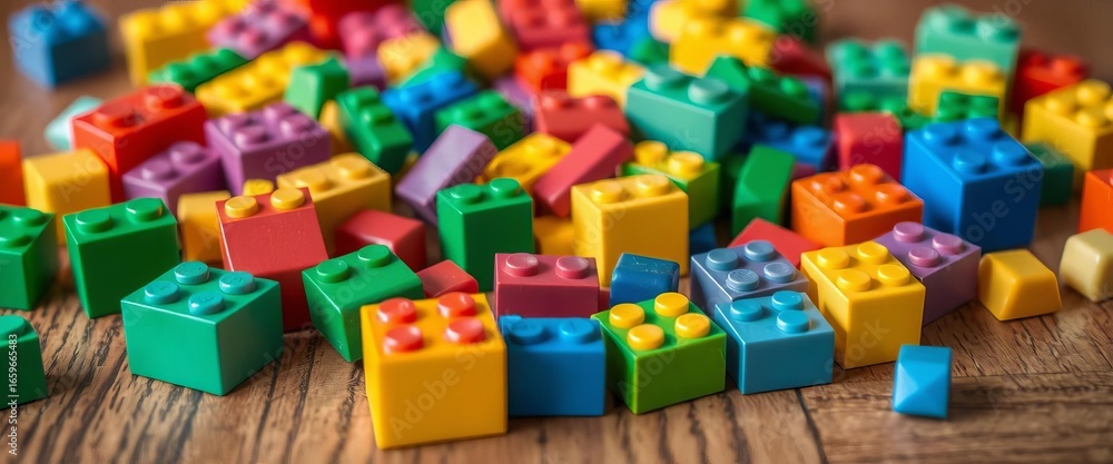 Obraz premium Colorful building blocks scattered on wooden table, close-up, early childhood, game