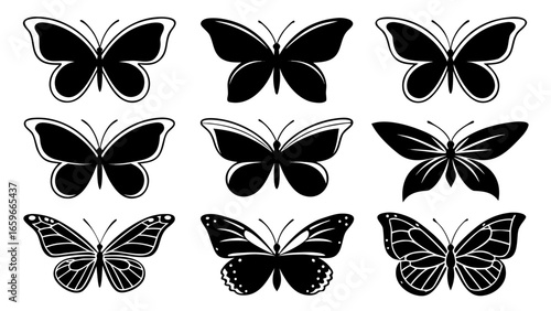 Collection of nine detailed black butterfly silhouettes with artistic brushstroke textures