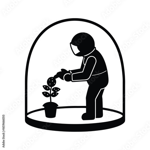 Black Silhouette of an Astronaut Watering a Plant