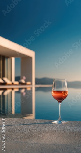 Ros? wine glass by pool, modern villa, tranquil scene
