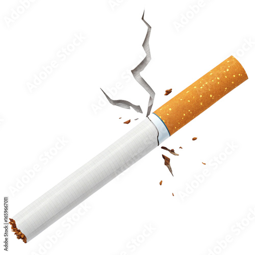 Smoldering cigarette with smoke and broken filter representing danger, addiction, and health risks