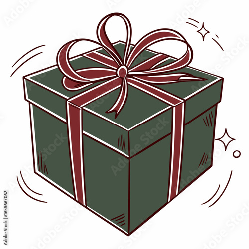 A dark green gift box with a maroon ribbon and bow sparkling with excitement