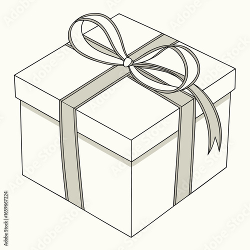 A simple line drawing of a white gift box with a light grey ribbon and bow tied neatly on top
