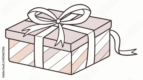 Charming hand drawn illustration of a pastel pink gift box with a white ribbon and bow