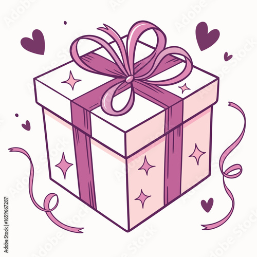 Charming pink gift box with a large bow and sparkling stars and hearts
