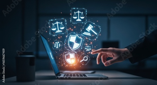Businessmans Hand Accessing Futuristic Legal Tech Hologram with Justice and Security Icons.