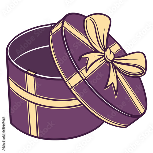 Elegant open purple round gift box with a cream ribbon and bow on a white background