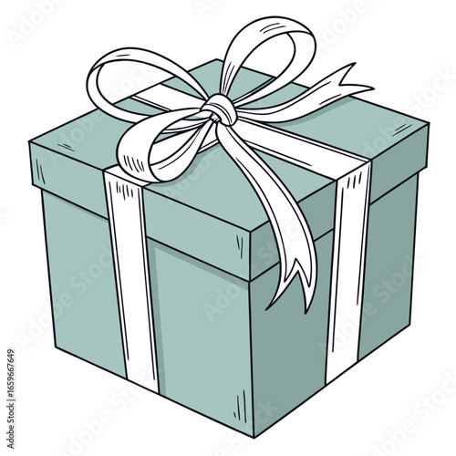 Simple hand drawn illustration of a light blue gift box with a white ribbon and bow