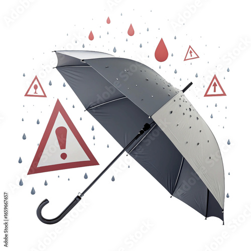 Umbrella protecting from rain with road signs, warning danger and caution, staying safe in the storm
