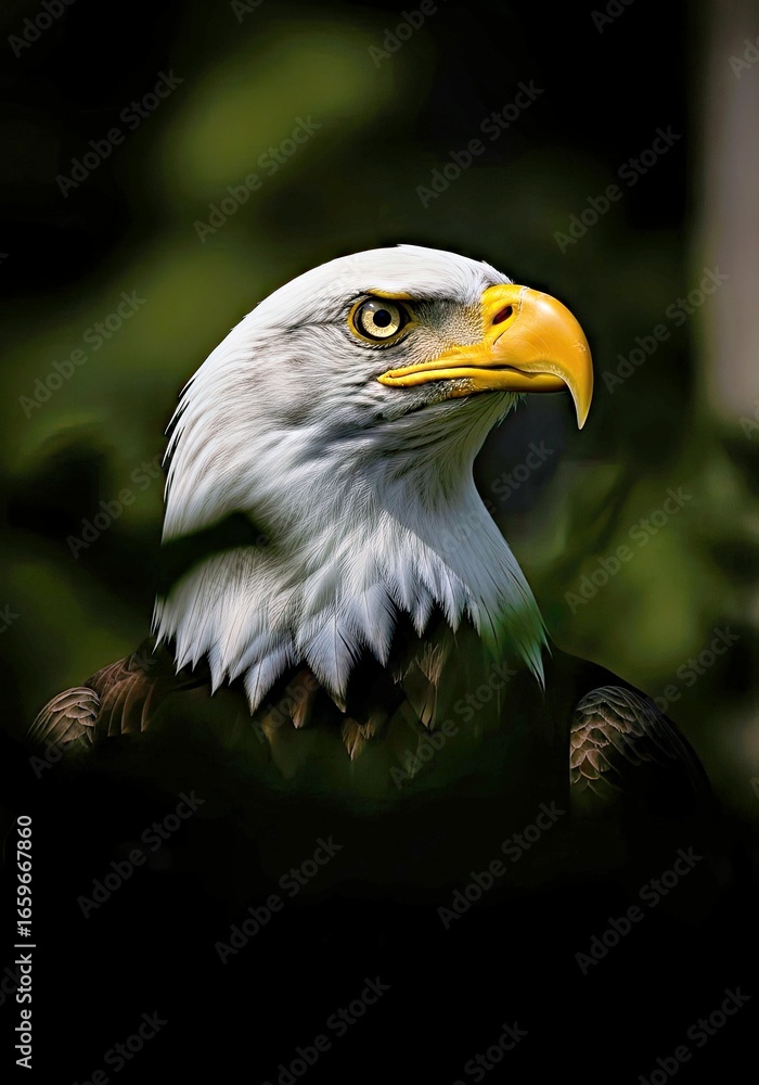 Fototapeta premium Alert Bald Eagle Low Angle Portrait with Low Key Lighting Exceptional Anatomy