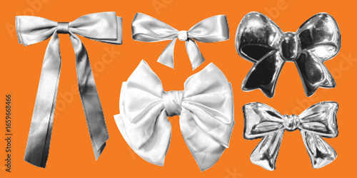Halftone collage with set ribbon bows elements. Trendy vector pieces. Grungy punk aesthetic perfect for zines, posters, DIY flyers, tattoo, graphics, cards, stickers