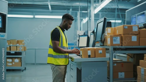 Man working in warehouse checking orders on computer screen with boxes of packaging materials around.