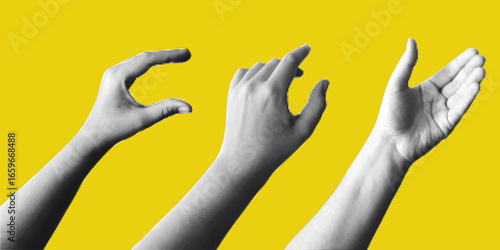 Halftone hands set. Trendy vector  pieces. Gesture signs. Modern forms for card, print on clothes. Creative collage.