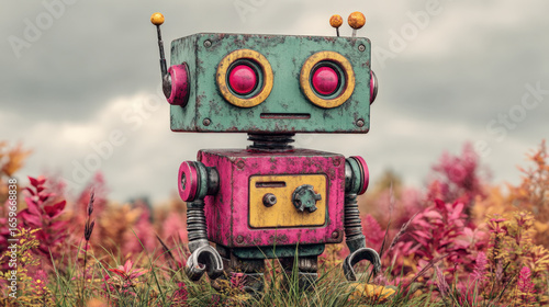 Colorful robot stands amidst vibrant flowers in whimsical landscape, showcasing blend of technology and nature. scene evokes sense of curiosity and adventure, inviting exploration