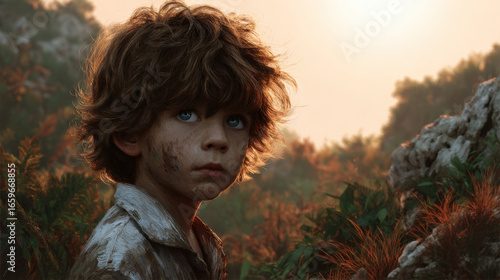 Young boy with tousled hair and dirty face gazes thoughtfully into distance, surrounded by lush greenery and soft golden light. scene evokes sense of innocence and adventure
