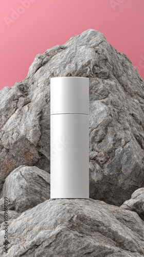 Minimalist skincare bottle stands elegantly on textured stone, showcasing modern design against soft pink background. contrast highlights luxury and simplicity of product