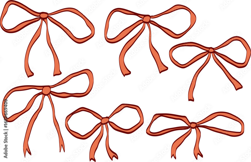 Red ribbon bows in coquette hand-drawn look. Feminine, flirty, and ideal for sweet graphic projects. Red ribbon bows in coquette hand-drawn look. Feminine, flirty, and ideal for sweet graphic projects.