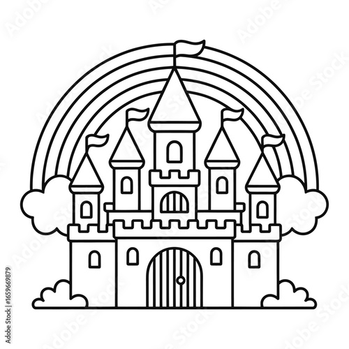 Black and white outline of a fairytale castle with a rainbow and clouds on a white background