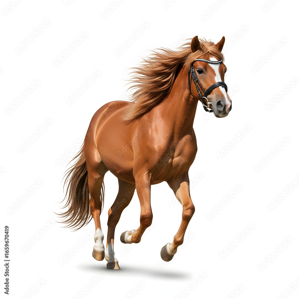 Obraz premium Majestic brown horse running with flowing mane and bridle.