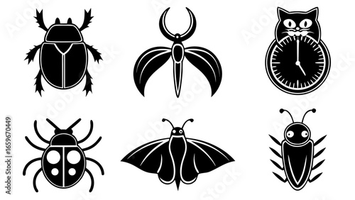 Collection of stylized black insect illustrations including a beetle moth and clockwork owl