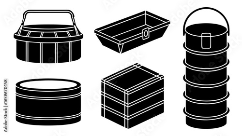 Collection of vintage tiffin carriers and containers in black and white