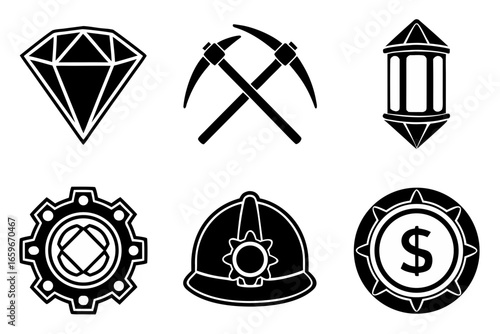 Set of mining and industry icons with diamond pickaxe gear helmet and coin