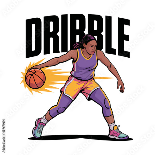 Young female basketball player in uniform walking with a basketball outdoors during practice session