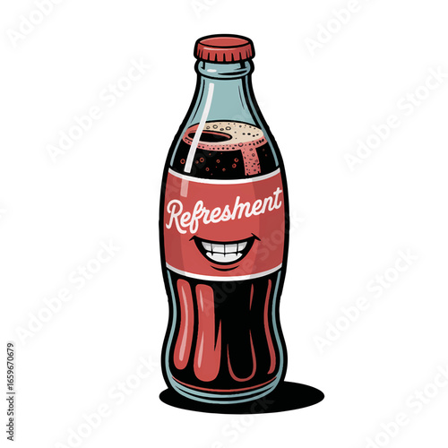 Vintage cola soda bottle with a smiling face and the word Refreshment in a playful font