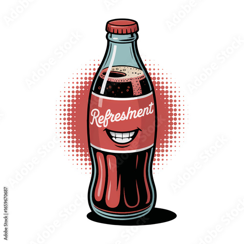 Vintage cola soda bottle with a smiling face and the word Refreshment in a playful font