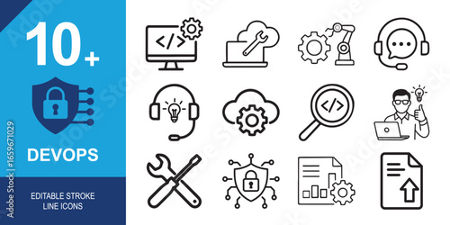 Devops line art icon set. Containing automation, deployment, agile workflows, software development, and etc. Vector illustration