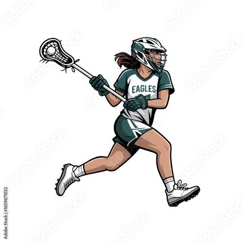 Female lacrosse player running on the field wearing team colors, focusing on gameplay and athleticism during practice