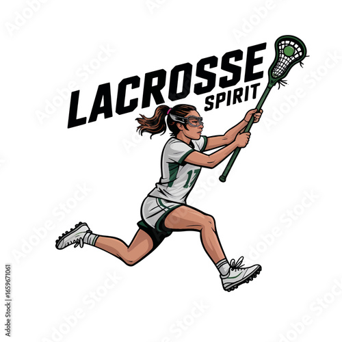 Female lacrosse player running on the field wearing team colors, focusing on gameplay and athleticism during practice