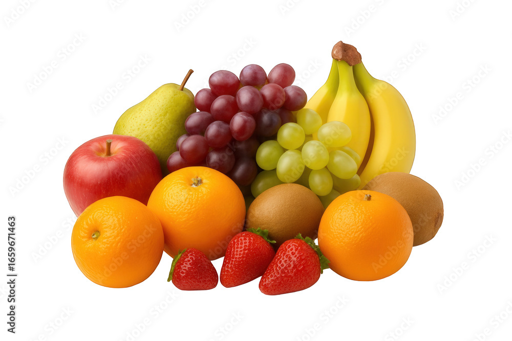 Assorted fresh fruits collection apple banana orange grapes strawberry kiwi pear isolated on black Assorted fresh fruits collection apple banana orange grapes strawberry kiwi pear isolated on black