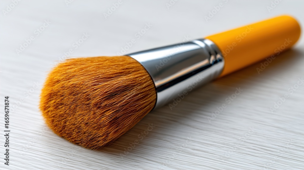 A close-up of a vibrant orange makeup brush resting on a light wooden surface, showcasing its soft bristles and shiny metal ferrule. A close-up of a vibrant orange makeup brush resting on a light wooden surface, showcasing its soft bristles and shiny metal ferrule.