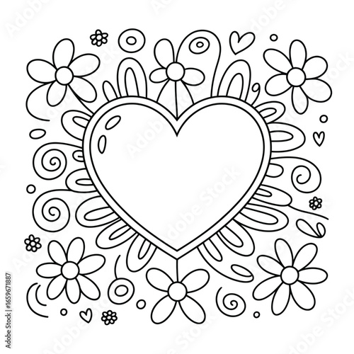 Heart shape surrounded by flowers and swirls love floral