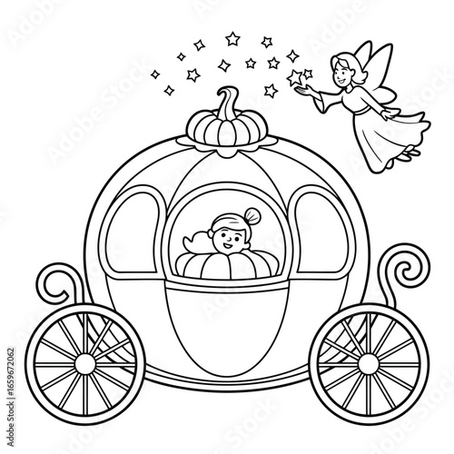 Outline drawing of a fairy and a pumpkin carriage with a child Keywords: fairy, carriage