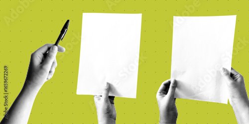  Monochrome vector collage with hands holding blank notebooks. Halftone dot effect, retro style with transparent background. For posters, zines, social media,  DIY art projects. 
