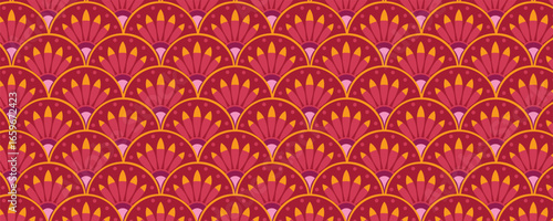 Art Deco Japanese Seamless Pattern with Semi Circle Fans and Red Geometric Motifs. Asian elegant decorative design for wallpapers, packaging, and textiles.