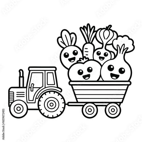 Cartoon tractor pulling a wagon full of happy vegetables line art farm farming