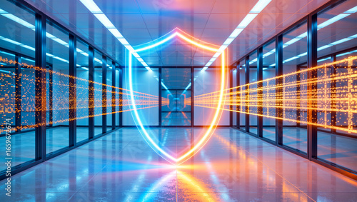 Illuminated shield in a futuristic data center as a concept of cybersecurity