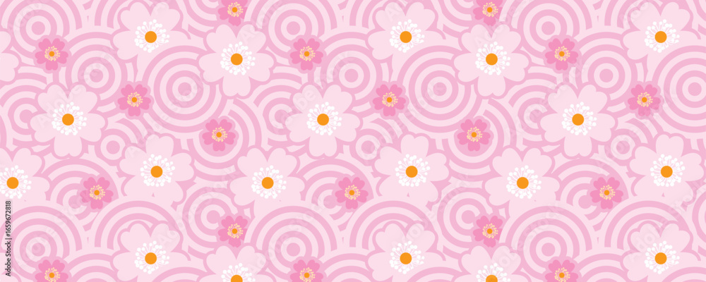 Fototapeta premium Playful Japanese Seamless Floral Pattern with Pink Sakura Blossoms and Circular Waves. Cute pastel background design ideal for fabric, packaging, web, cards, illustrations